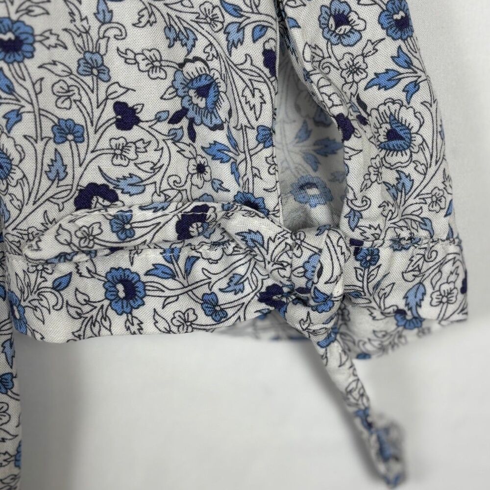 Jones New York JNY Floral V Neck Blouse 2X Blue White Tie Sleeve Boho Coastal - Picture 4 of 11